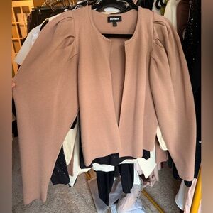 Express - tan beige knit puff sleeve sweater cardigan open front